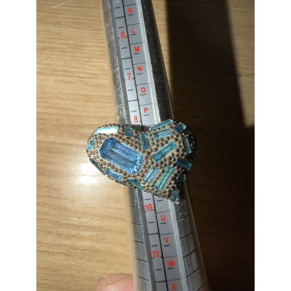 925 Sterling Silver Ring Blue Rectangle Cut Topaz Heart Gem Sz 9 ADJUSTABLE